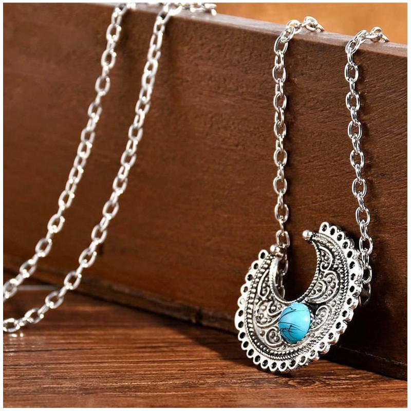 Collar para mujer de acero bañado en plata con piedra de color azul turquesa