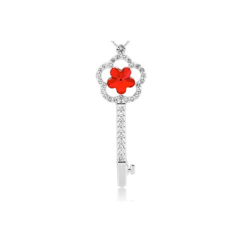 Collar de acero chapado en plata con colgante llave y piedra roja