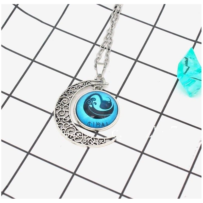Collar de acero chapado en plata con colgante tibetano diseño media luna y piedra de cristal azul