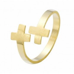 Anillo de acero dorado ajustable doble cruz