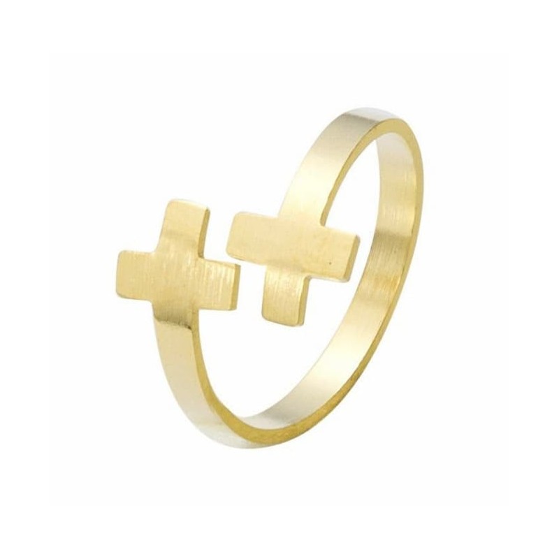 Anillo de acero dorado ajustable doble cruz