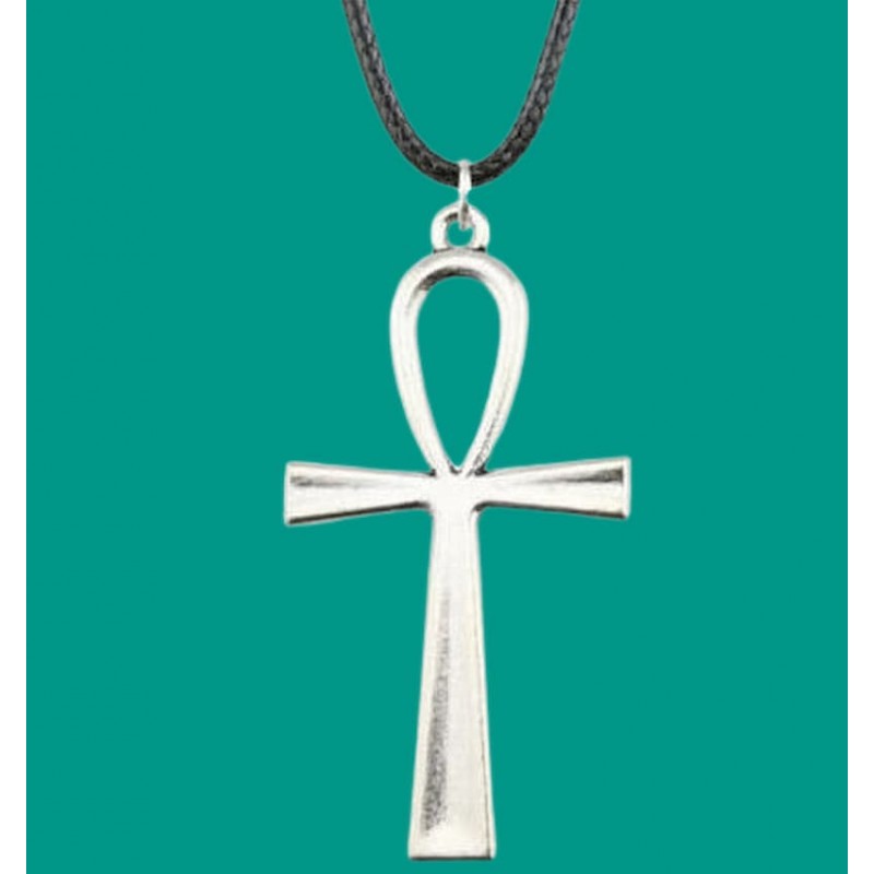 Collar cordón de acero acabado en plata con cruz del antiguo Egipto