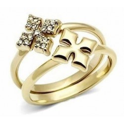 Anillo para mujer acero acabado en oro de 14k diseño doble cruz con cristales blancos