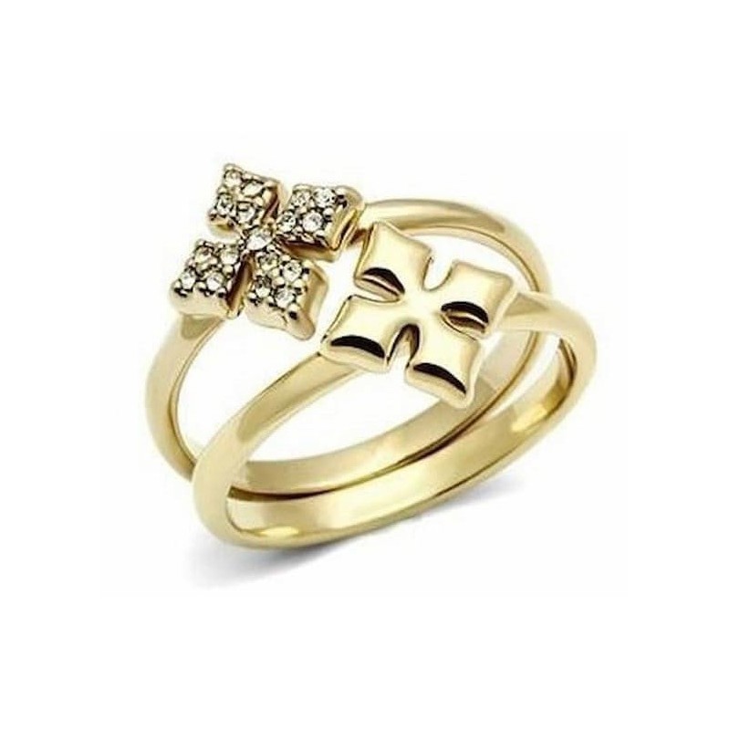 Anillo para mujer acero acabado en oro de 14k diseño doble cruz con cristales blancos