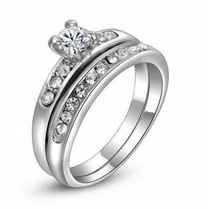 Alianzas dobles para boda de plata de ley 925 con piedras de cristal blanco