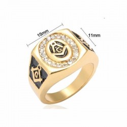 Anillo de acero chapado oro 18 k diseño masónico con cristales blancos
