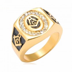 Anillo de acero chapado oro 18 k diseño masónico con cristales blancos