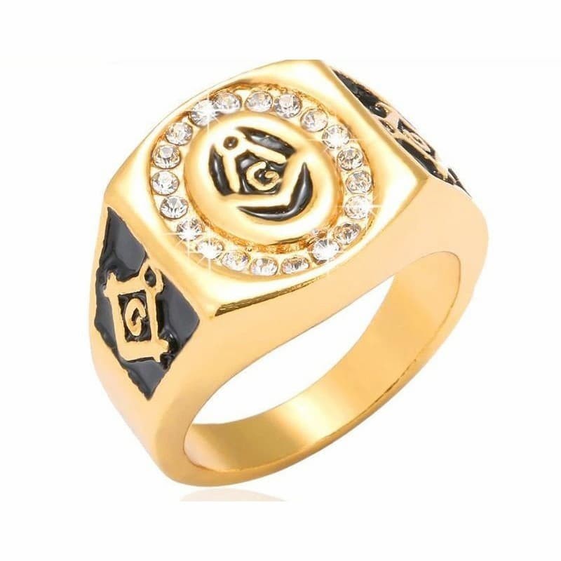 Anillo de acero chapado oro 18 k diseño masónico con cristales blancos
