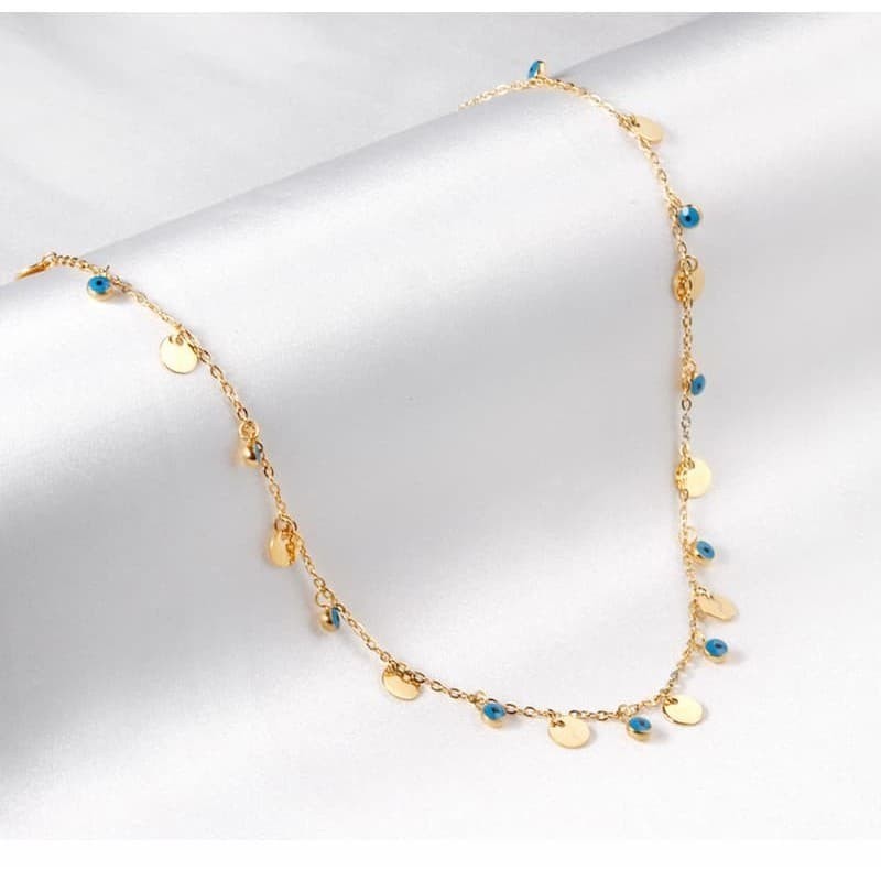 Collar dorado para mujer de acero inoxidable con colgante circular de ojo turco esmaltado en azul y blanco.