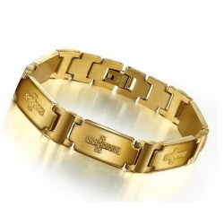 Pulsera de acero inoxidable para hombre chapada en oro 18k con diseño de cruz central.