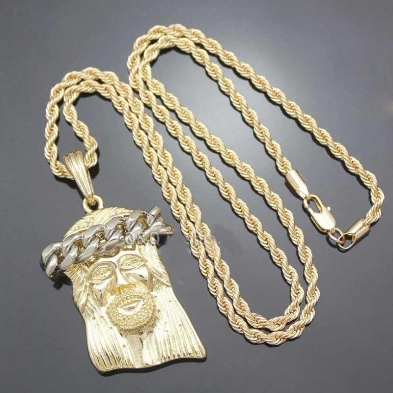 Cadena con colgante para hombre en acero chapado en oro de 18k con el rostro de Jesús.