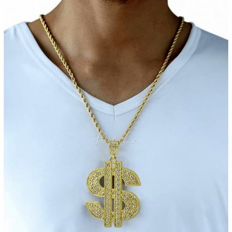 Collar para hombre con colgante de signo de dólar estilo rapero y piedras de cristal blanco.