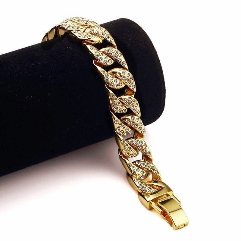 Pulsera para hombre de 21 cm de largo con diseño de eslabones estilo hip hop chapada en oro.