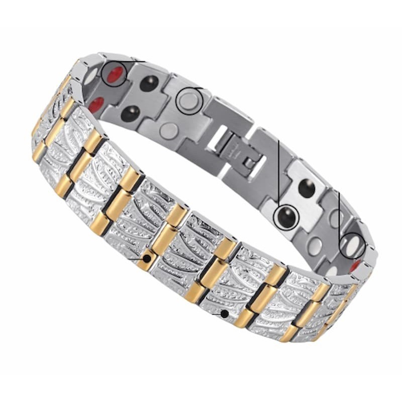 Pulsera magnética para hombre fabricada en acero de titanio con diseño de eslabones bicolores.