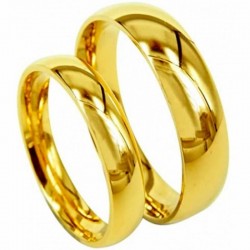 Pareja de alianzas de boda clásicas en acero inoxidable con acabado en oro amarillo pulido.