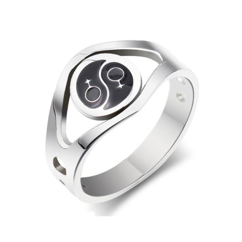 Anillo de acero inoxidable para mujer con los colores de la bandera lésbica en esmalte resistente.