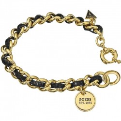 Pulsera de marca Guess original para mujer con eslabones de cadena bañados en oro de 18k y piel de cuero vacuno negro.