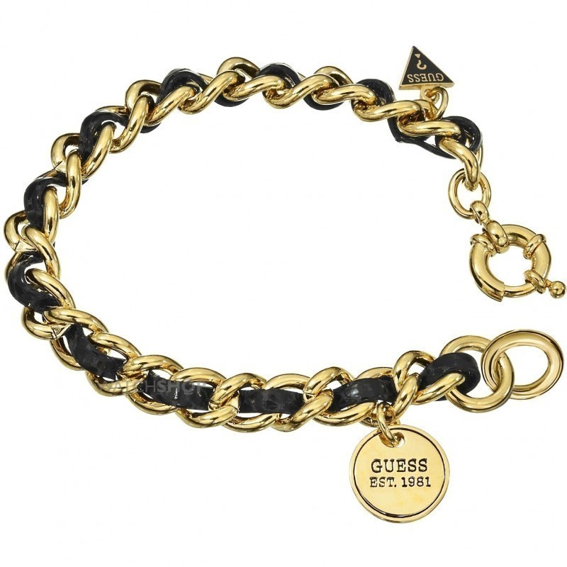 Pulsera de marca Guess original para mujer con eslabones de cadena bañados en oro de 18k y piel de cuero vacuno negro.
