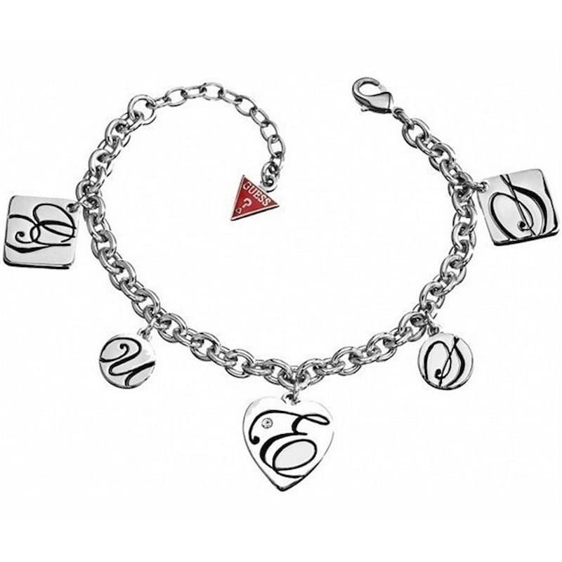 Pulsera original Guess de acero inoxidable con colgantes de letras de la marca y cristales brillantes.