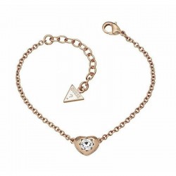 Pulsera de la marca Guess original con baño de oro rosa y detalle de logotipo con cristales brillantes.