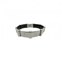 Pulsera masculina de caucho negro con placas centrales de acero inoxidable y cierre de seguridad.
