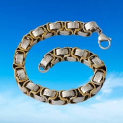 Pulsera para hombre con tejido bizantino entrelazado en dos tonalidades de acero inoxidable.