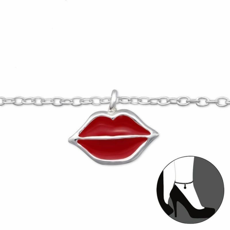 Tobillera de plata de ley 925 con colgante de labios esmaltados en color rojo intenso y acabado brillante.