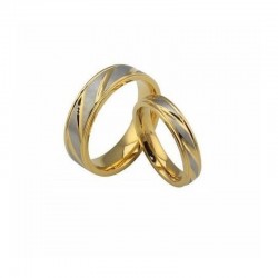 Par de anillos de acero inoxidable con diseño bicolor en tonos plateado y dorado para parejas.