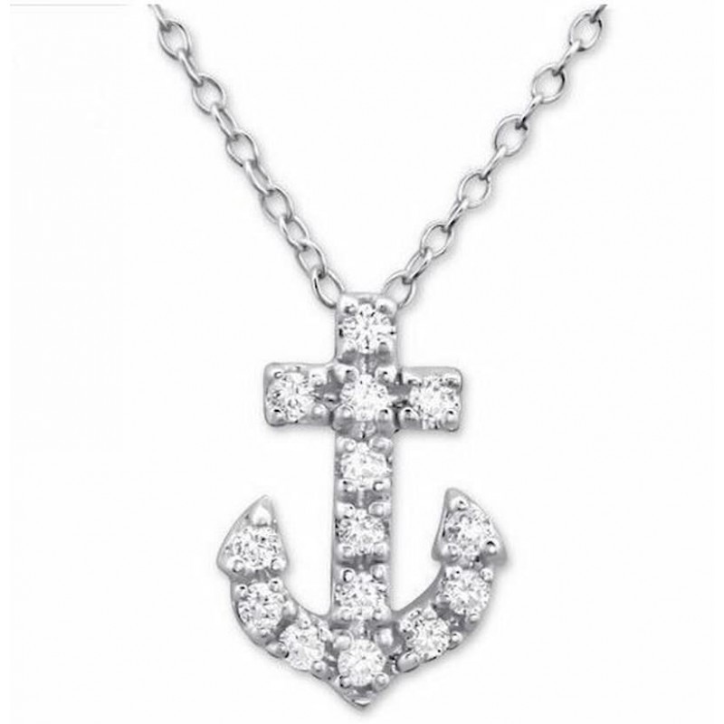 Colgante de ancla de barco en plata de ley 925 adornado con cristales blancos brillantes.