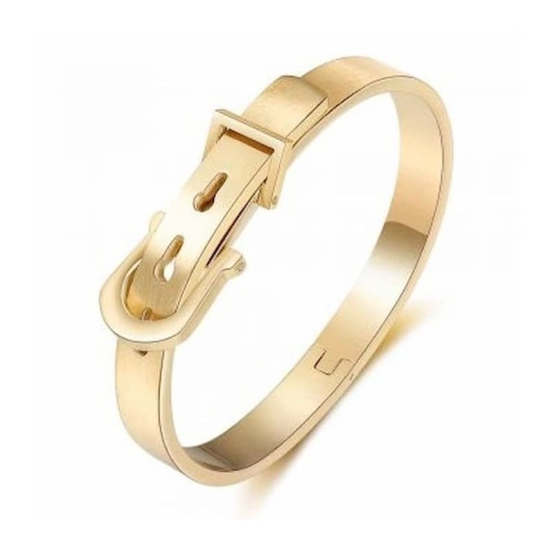 Brazalete rígido de mujer fabricado en acero inoxidable con diseño original en forma de cinturón con hebilla.