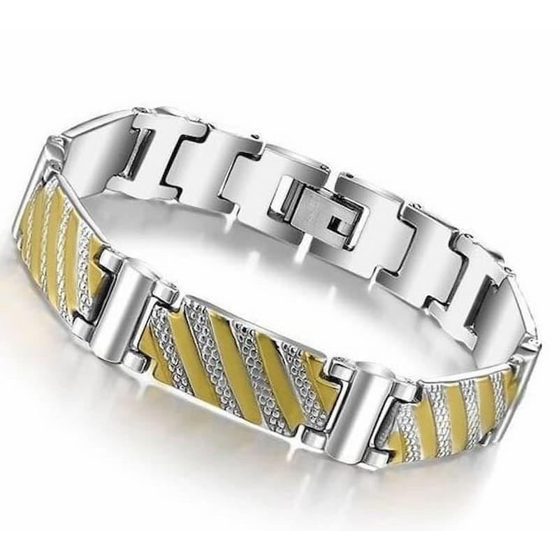 Pulsera masculina de acero inoxidable con diseño de eslabones articulados y barras decorativas chapadas en oro.