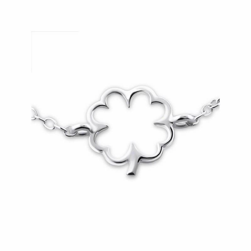 Pulsera de cadena fina en plata de ley 925 con colgante central en forma de trébol de cuatro hojas pulido.
