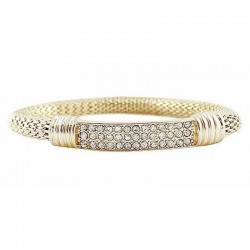 Brazalete ancho y elástico de color dorado decorado con pequeñas incrustaciones de cristales blancos brillantes.