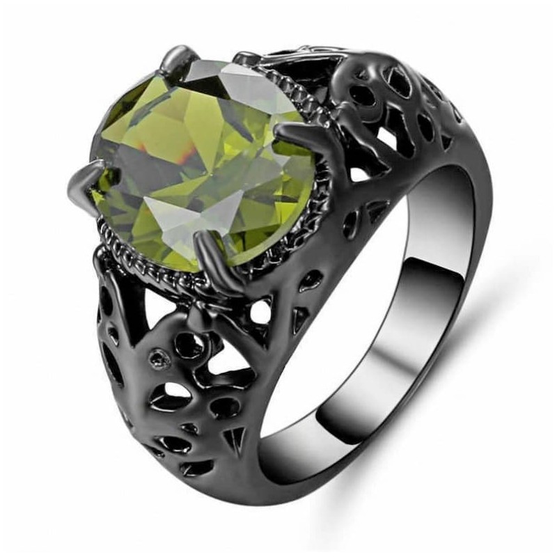 Anillo de acero inoxidable para mujer con una piedra facetada en color verde oliva, talla 17.
