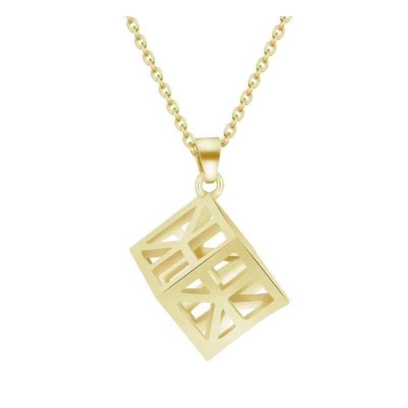 Collar para mujer con colgante en forma de cubo tridimensional con acabado pulido y cadena fina.