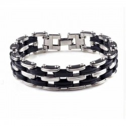 Pulsera de hombre fabricada en silicona negra y acero inoxidable con placa grabada con diseño de bicicleta.