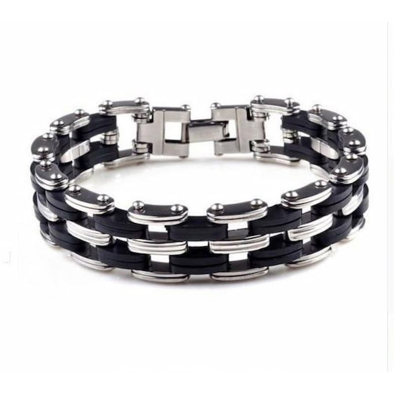 Pulsera de hombre fabricada en silicona negra y acero inoxidable con placa grabada con diseño de bicicleta.