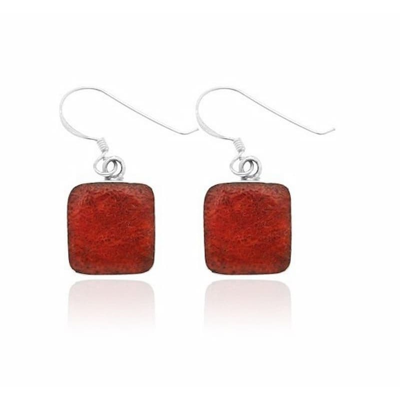 Pendientes mujer diseño cuadrado con piedra coral rojo y ganchos plata ley 925