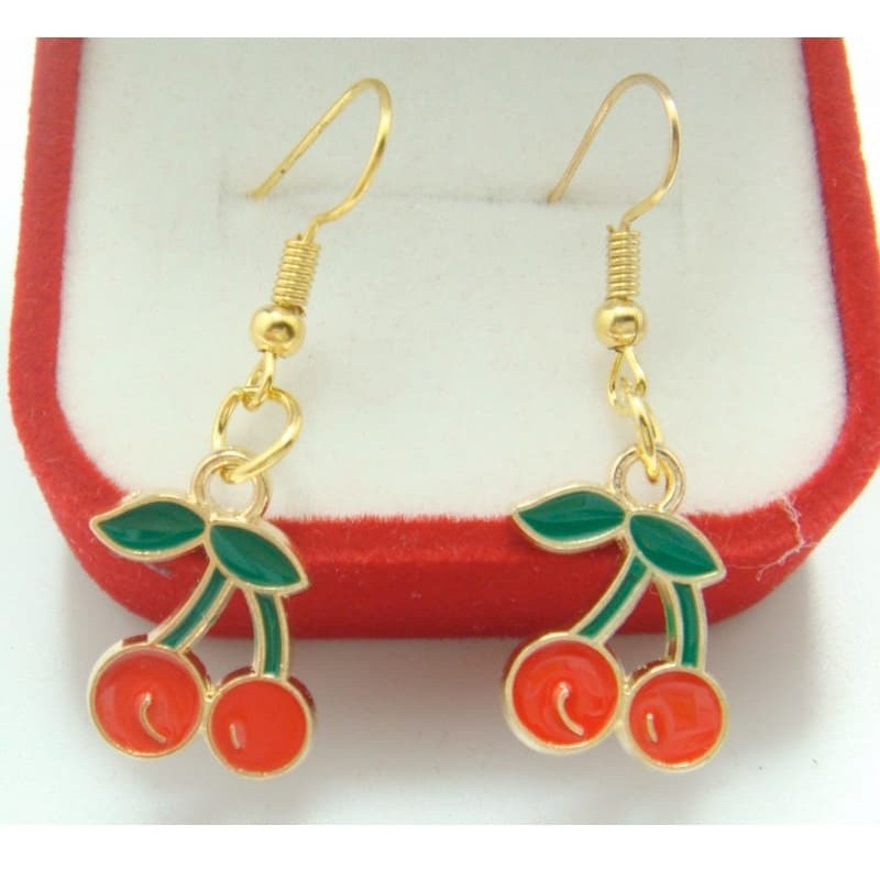 Pendientes de mujer Cherry con diseño de cereza en esmalte y acero bañado en oro
