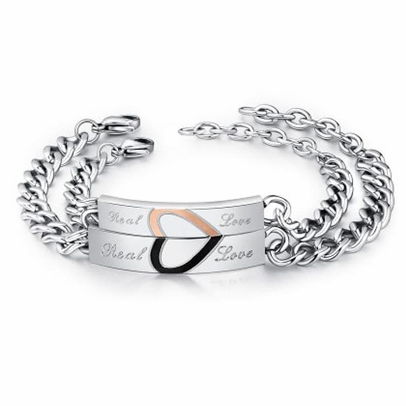 Conjunto de dos pulseras de acero inoxidable para novios con diseño de corazón en dos colores