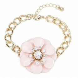 Pulsera esmaltada con diseño de flor rosada y piedra de cristal en acero dorado
