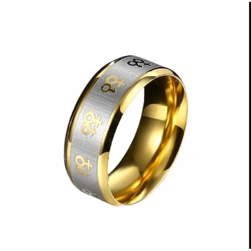 Anillo de promesa gay en acero de titanio con acabado oro de 9k para pareja