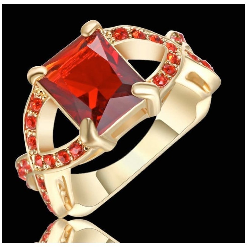 Anillo mujer piedras rojo rubí talla 14 acero bañado oro 9k