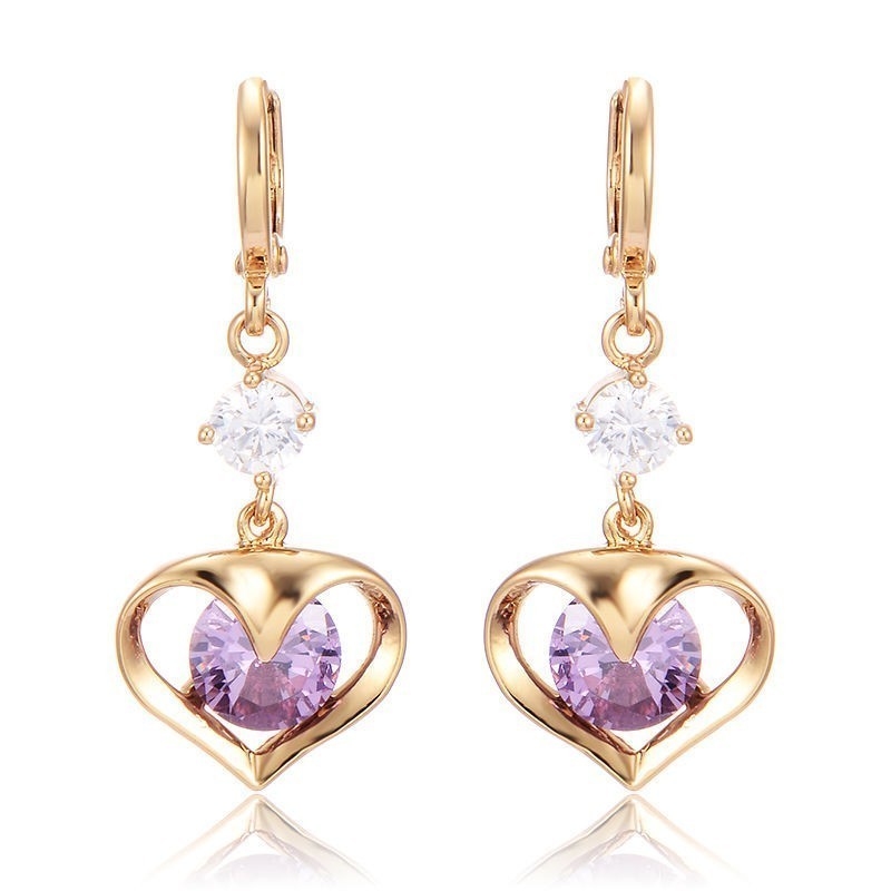 Pendientes grandes de fiesta para mujer con cristal púrpura y acabado oro 14k