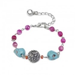 Pulsera de cuentas con dos calaveras de piedra bañada en plata