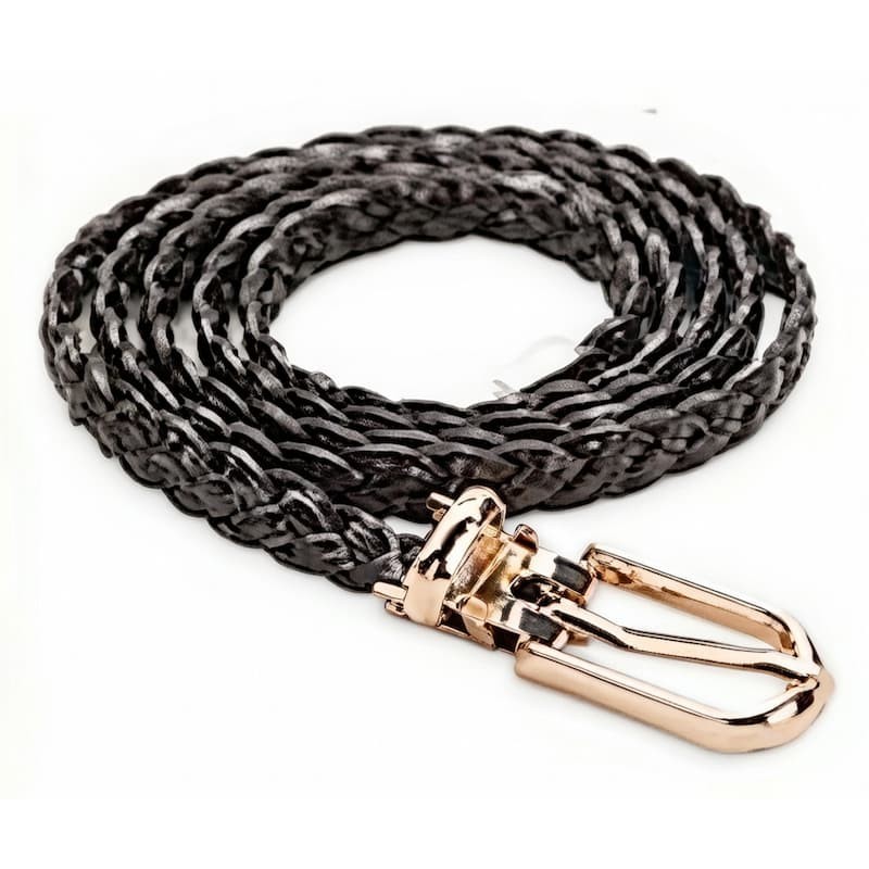 Cinturón trenzado de color negro, de 105 cm de largo y 1 cm de ancho, fabricado en símil piel con textura de trenza,