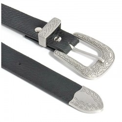 Cinturón de símil piel color negro para mujer, con doble hebilla de acero, ancho 2,5 centímetros, sobre fondo blanco