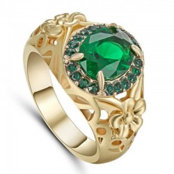 Anillo bañado en oro para mujer con piedra verde esmeralda en talla 14