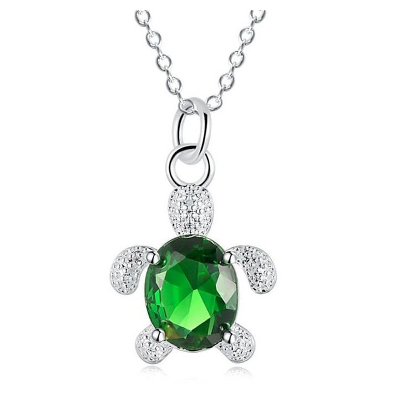Collar bañado en plata para mujer con colgante de tortuga verde