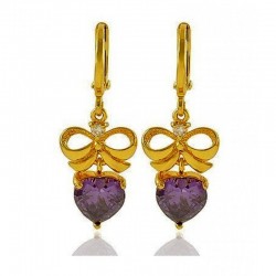 Pendientes chapados oro 18k con piedras cristal púrpura en forma de corazón